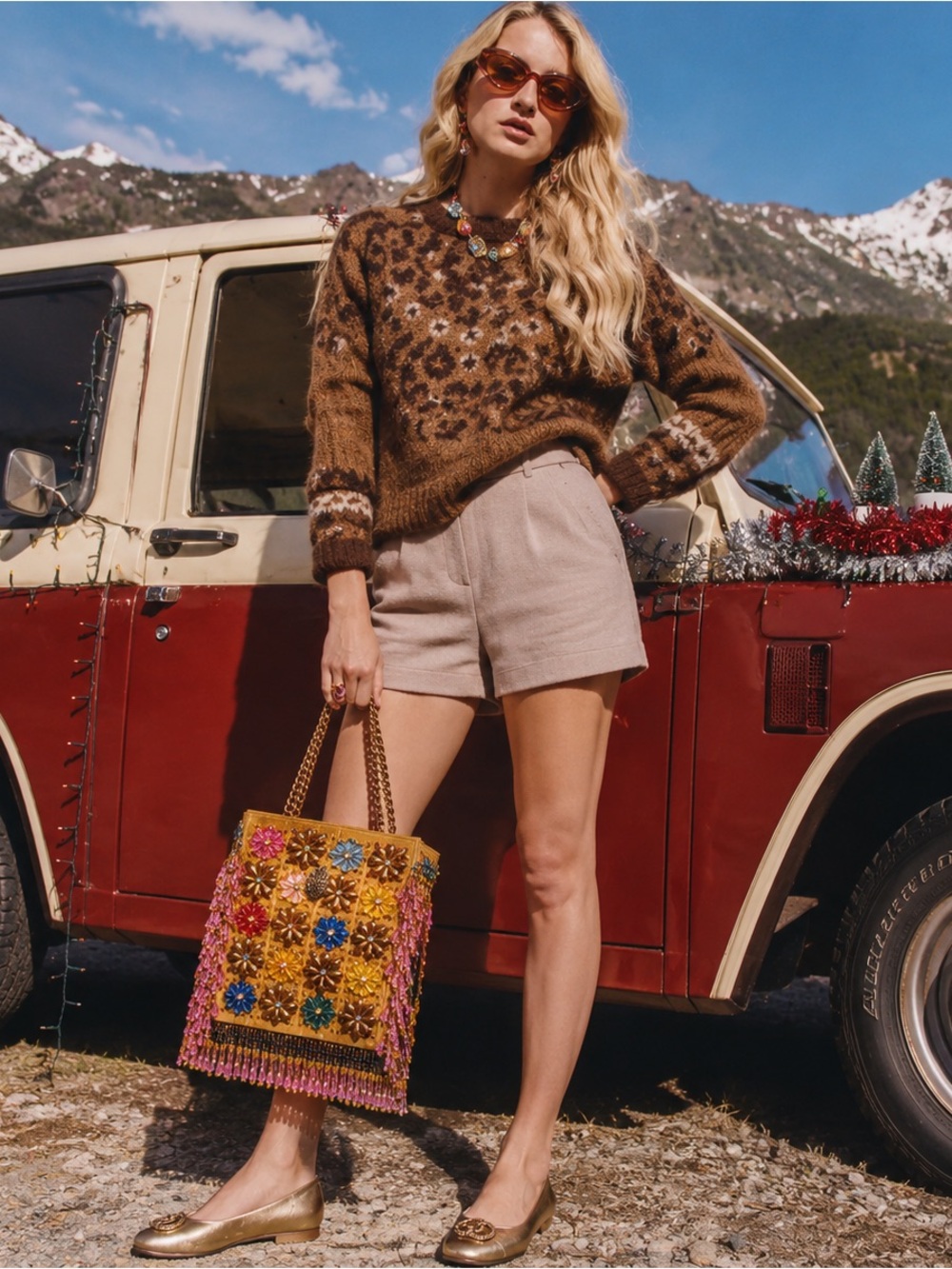 Kurt Geiger London Mini Beaded Floral Fringe Tote Bag in mustard.